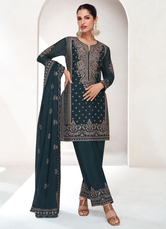 Premium Chinnon Silk Grey Wedding Wear Embroidery Work Readymade Straight Suit